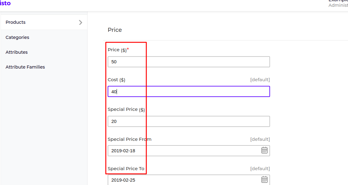 Price attribute in bagisto