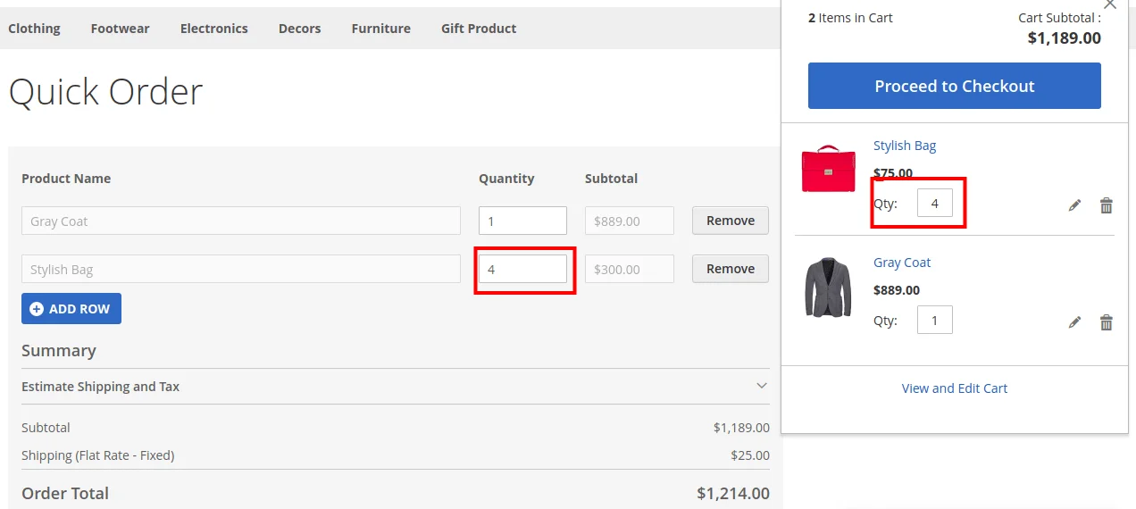 quick order product update