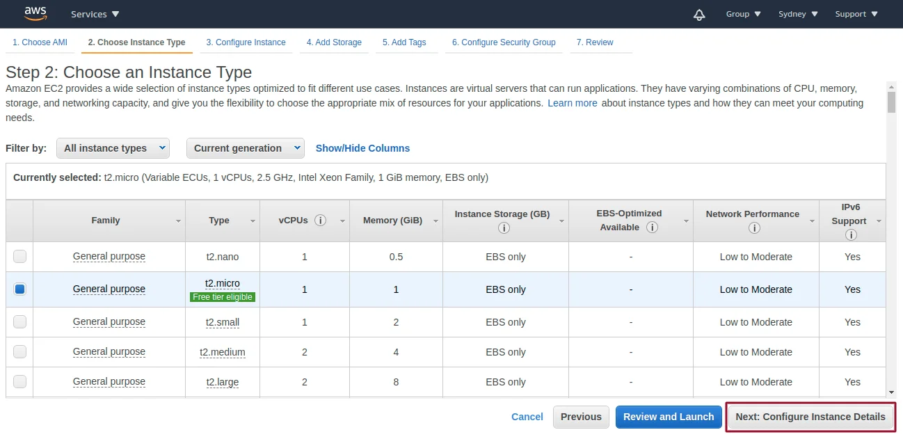 configuration choose an instance 