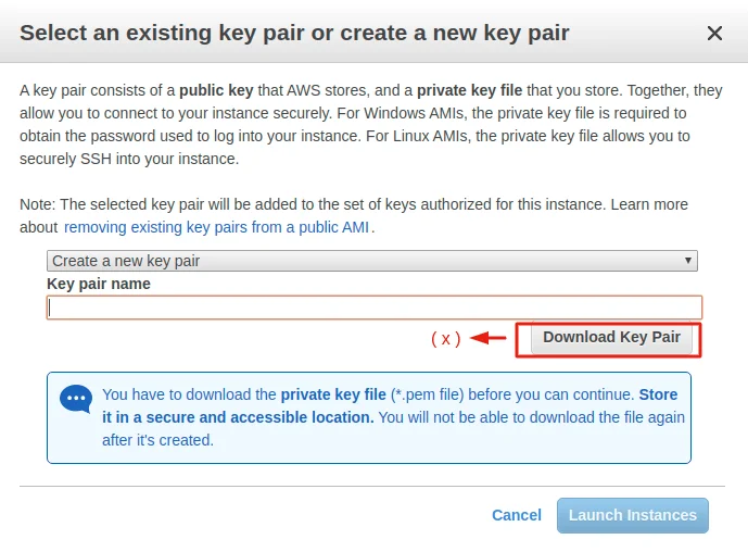 select an existing key pair or select new 