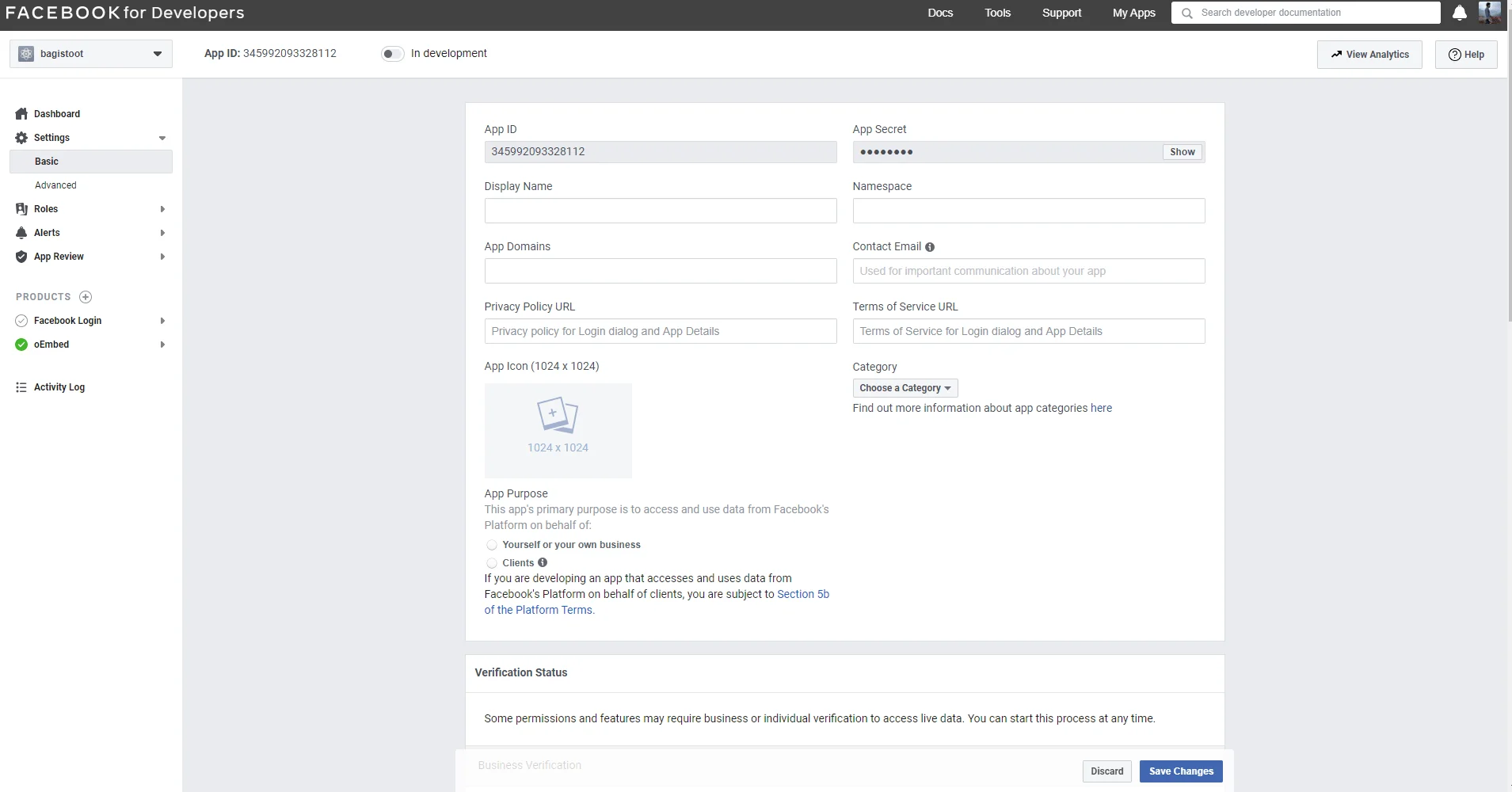 facebook app secret and app id