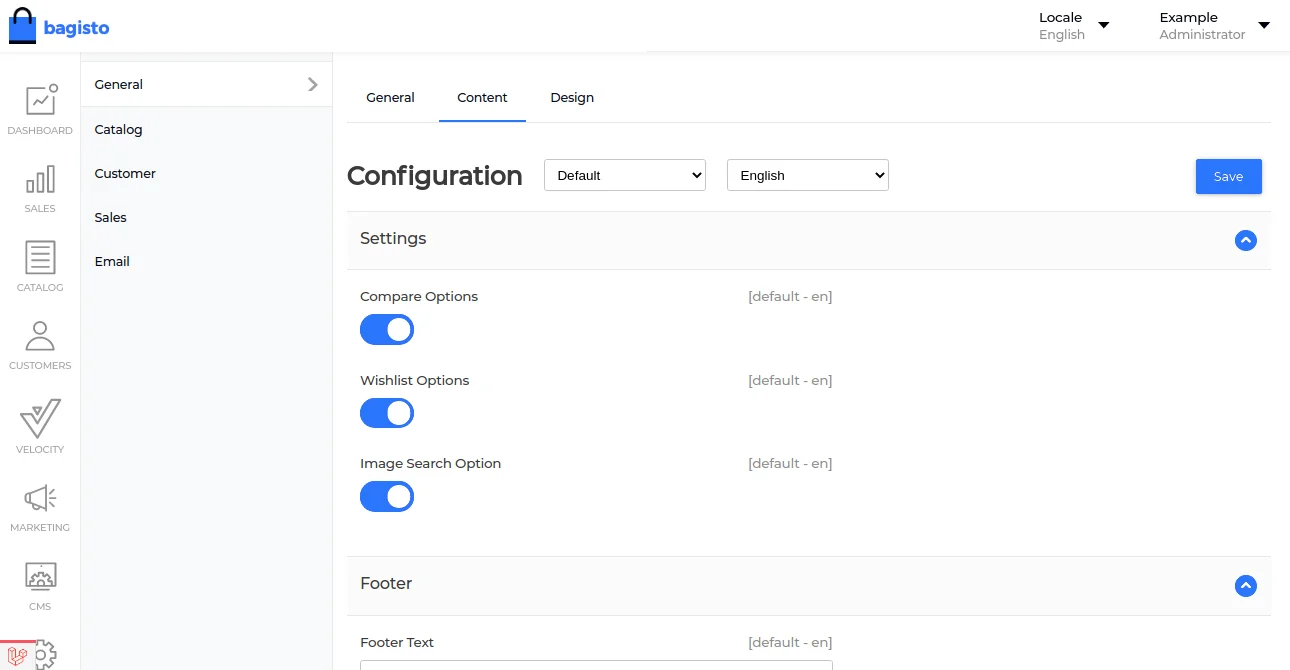 bagisto admin panel setting