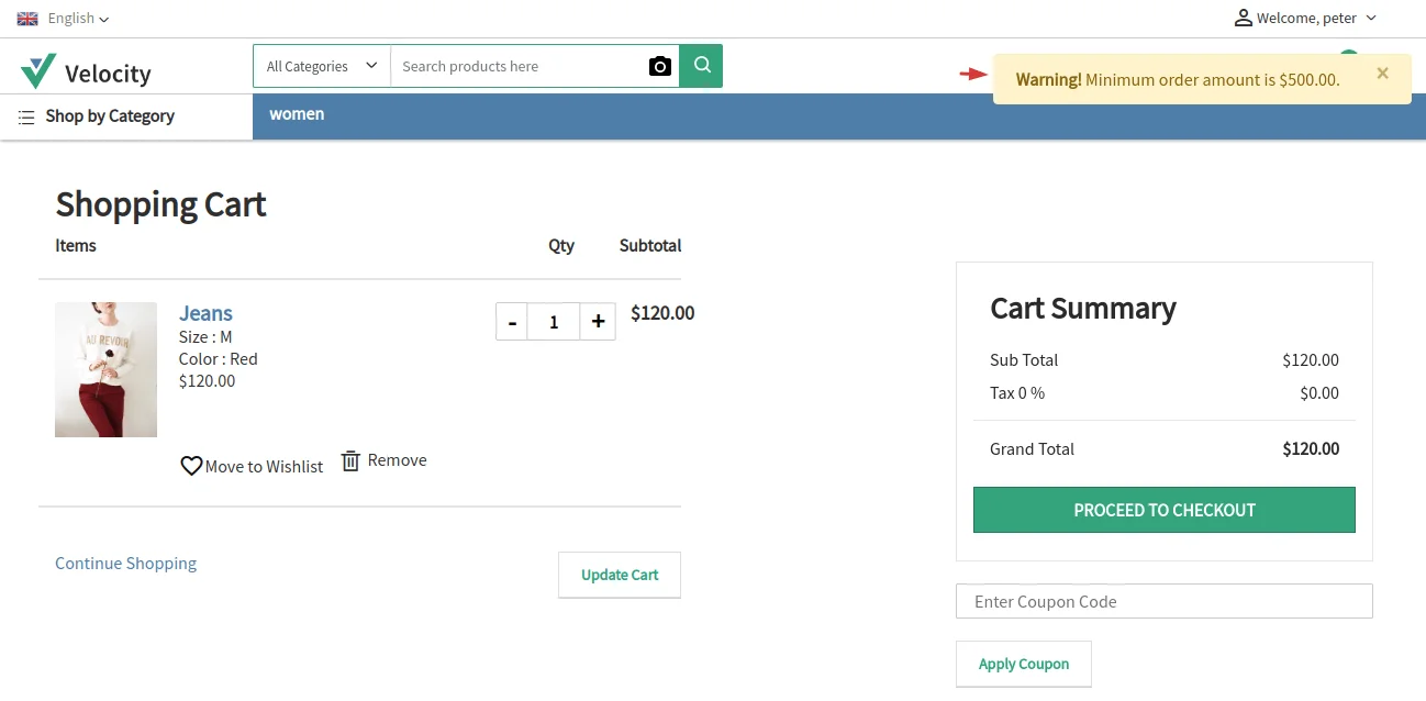 bagisto minimum order amount