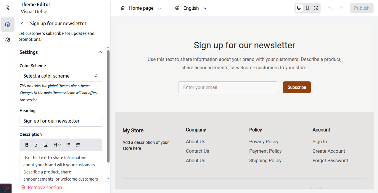 Newsletter signup block built with Bagisto Visual Theme Editor