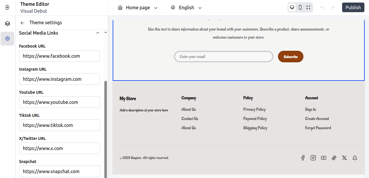 Social media icons in the footer designed using Bagisto Visual