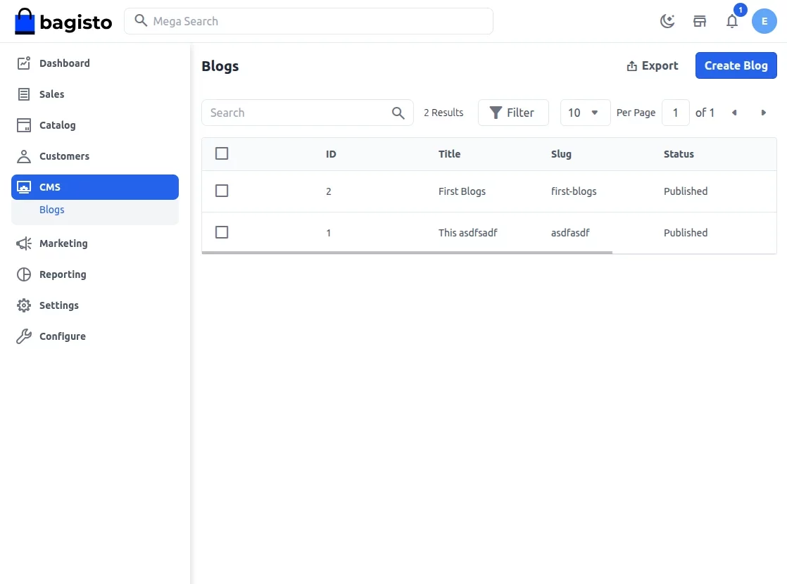 Bagisto blogs admin panel example
