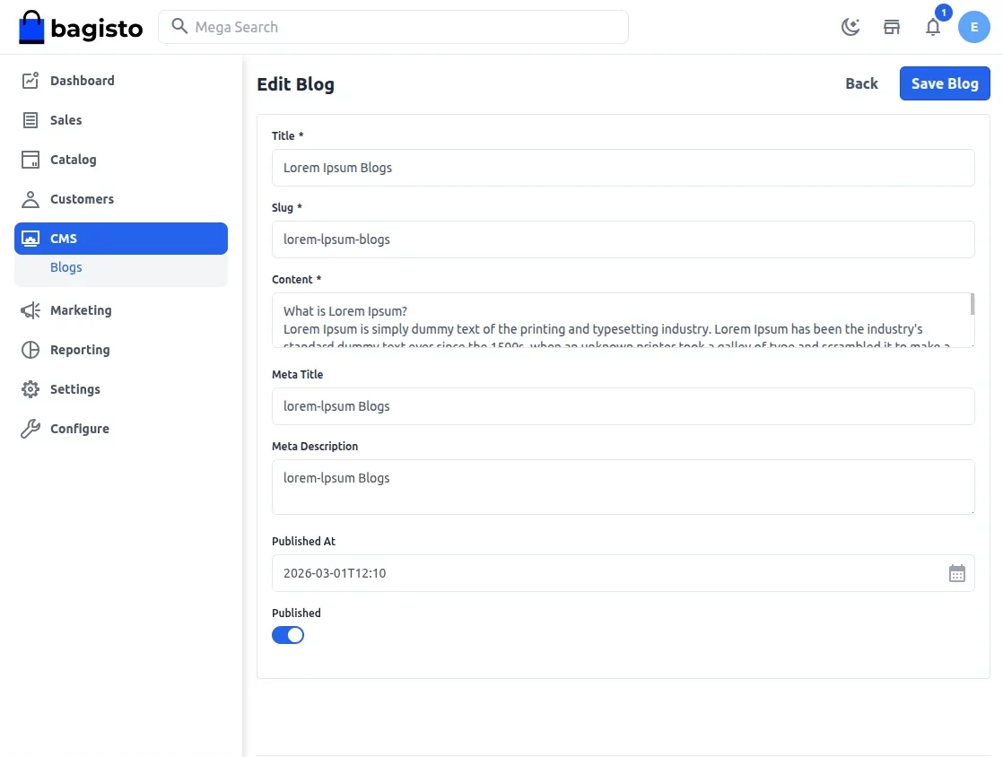 Edit blog post in Bagisto admin panel
