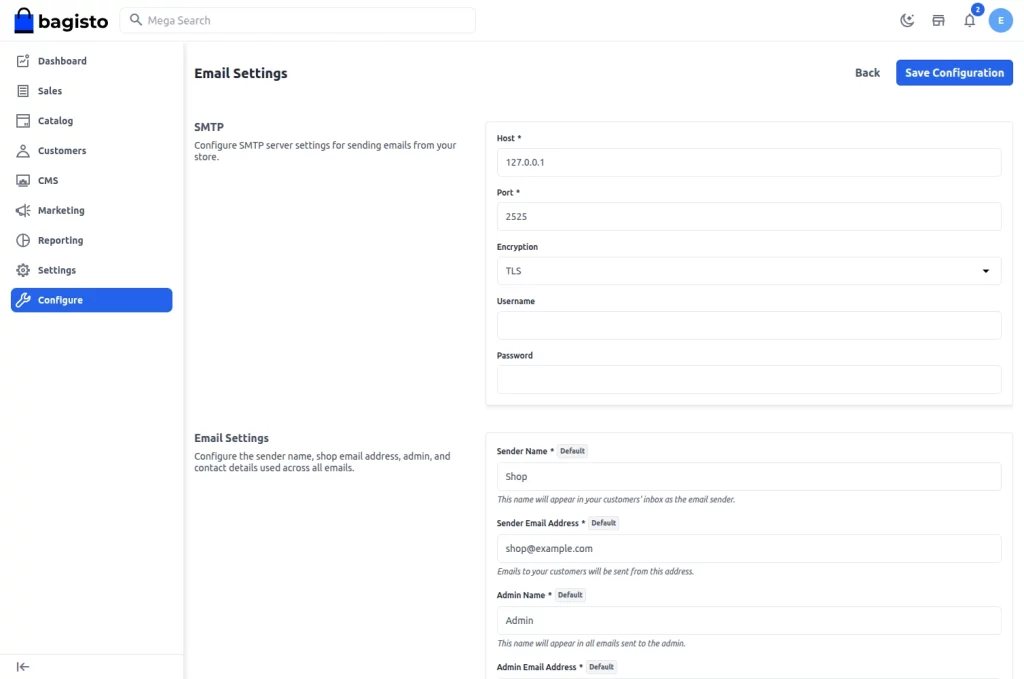 Bagisto v2.4.0 release SMTP config