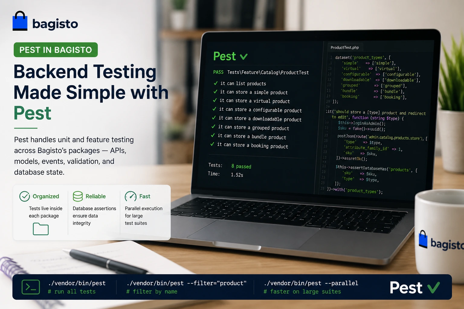 Bagisto testing — Pest code editor mockup