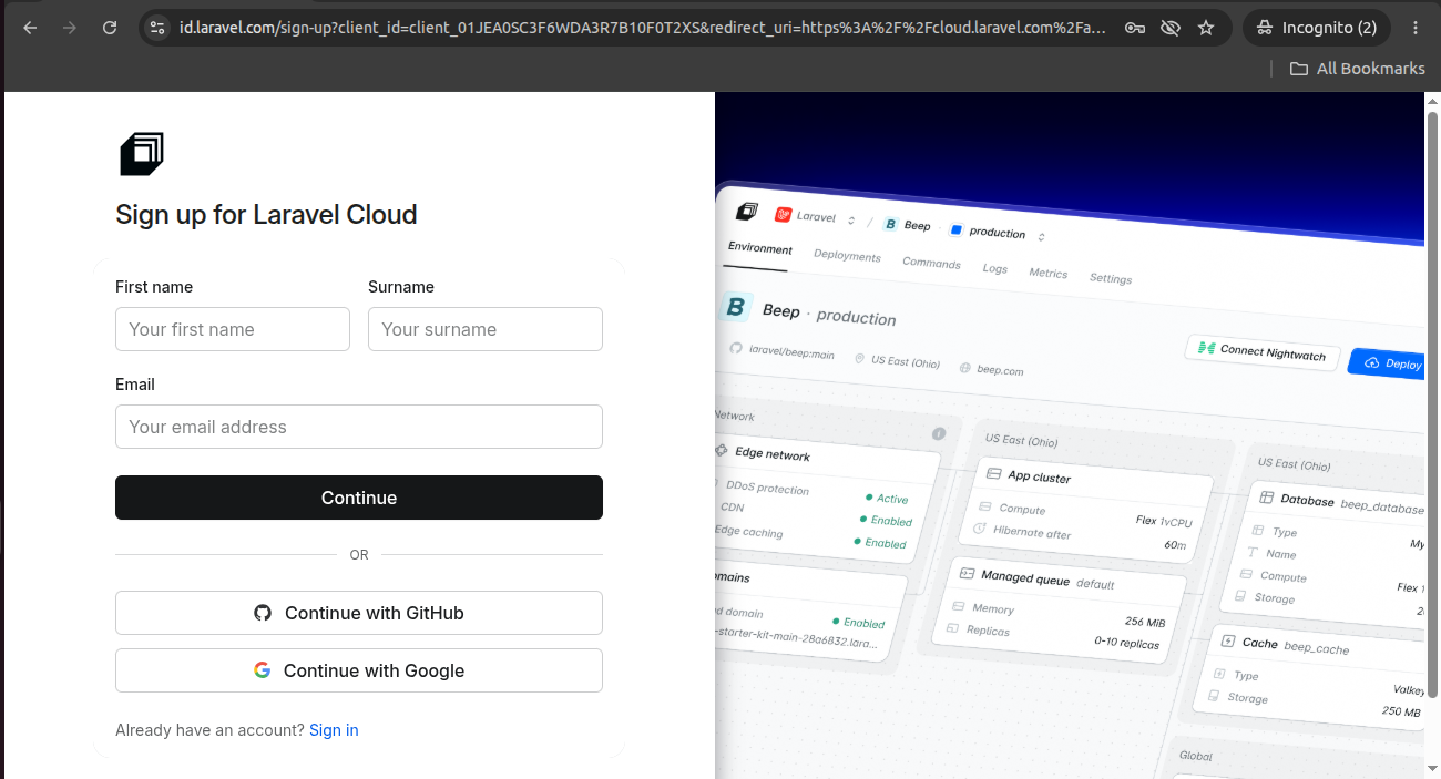 Signup for Laravel Cloud