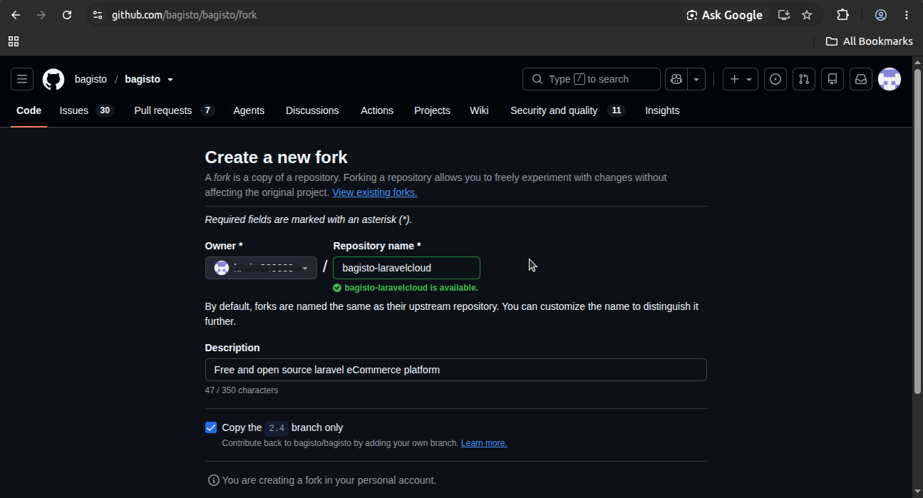 Install Bagisto on Laravel Cloud – Fork Bagisto GitHub repository