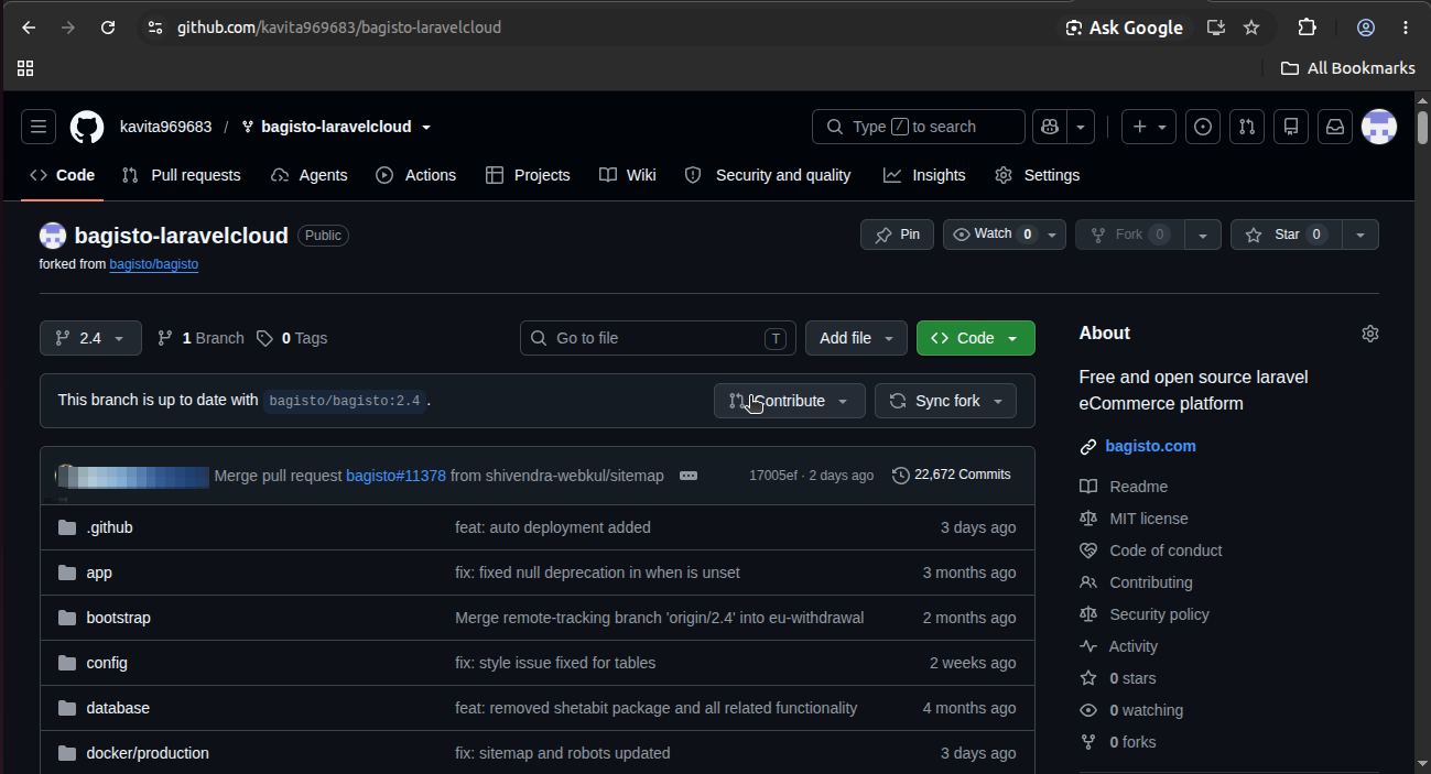 Install Bagisto on Laravel Cloud – Fork Bagisto GitHub repository