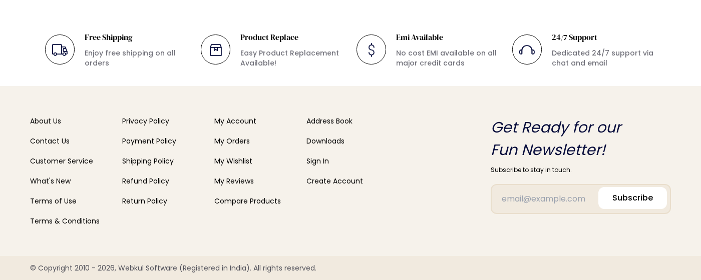 Storefront footer links across four columns.