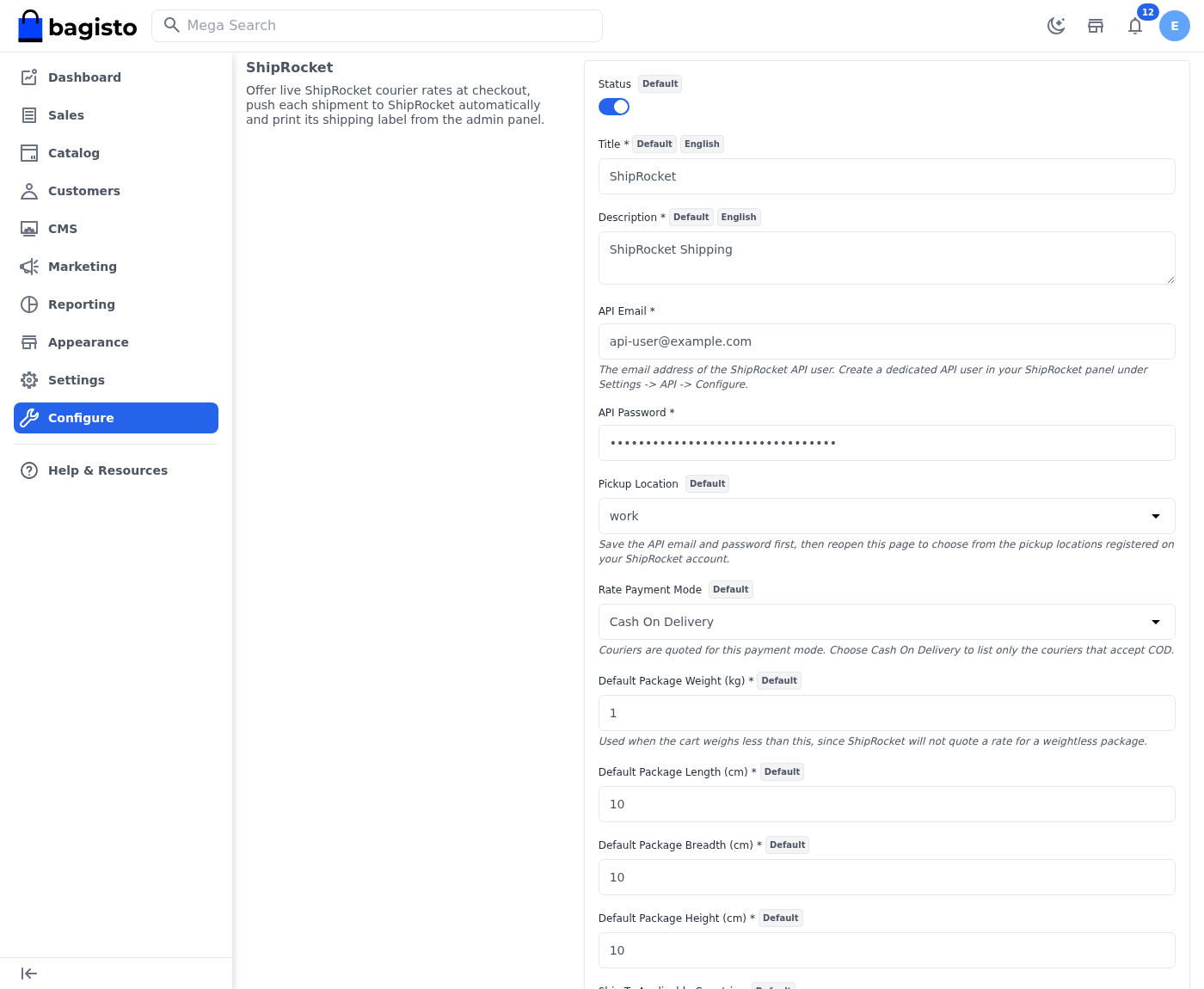 Bagisto ShipRocket Shipping admin configuration