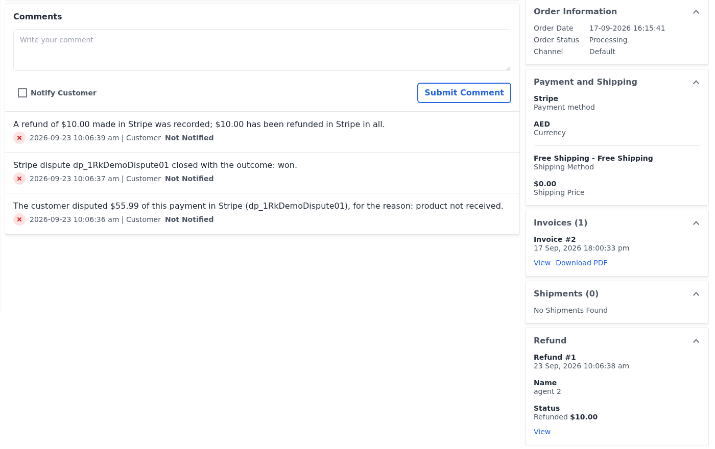 Order notes Bagisto v2.4.12 recorded from Stripe