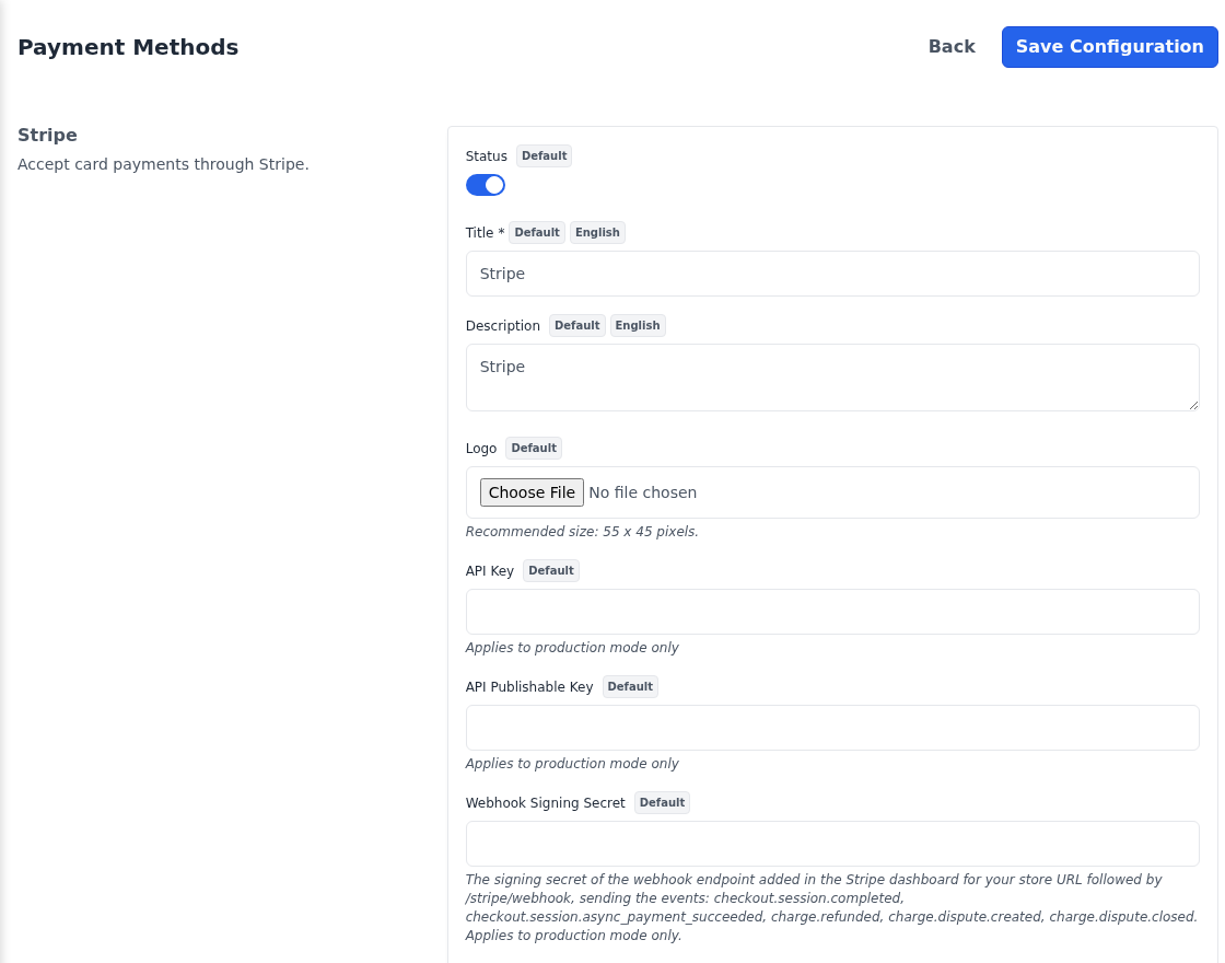 Webhook Signing Secret in the Bagisto v2.4.12 Stripe settings