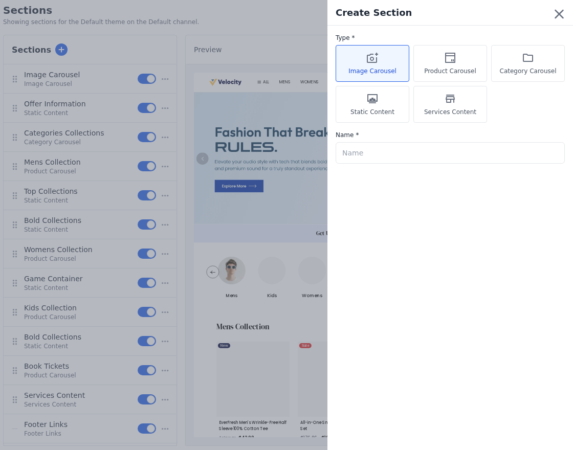 Add Section tiles from the theme