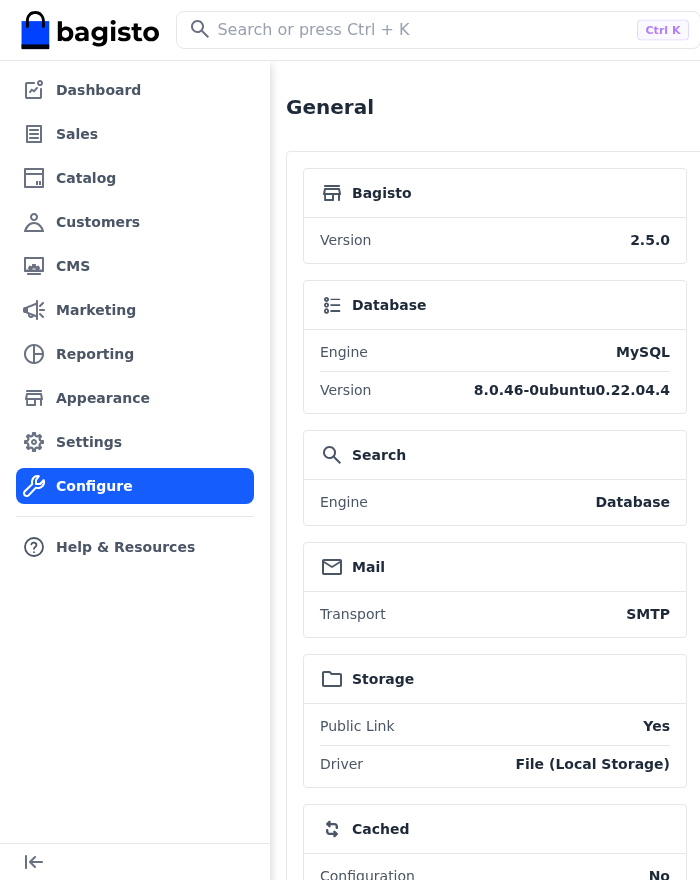 Bagisto v2.5.0 About configuration page without a save button