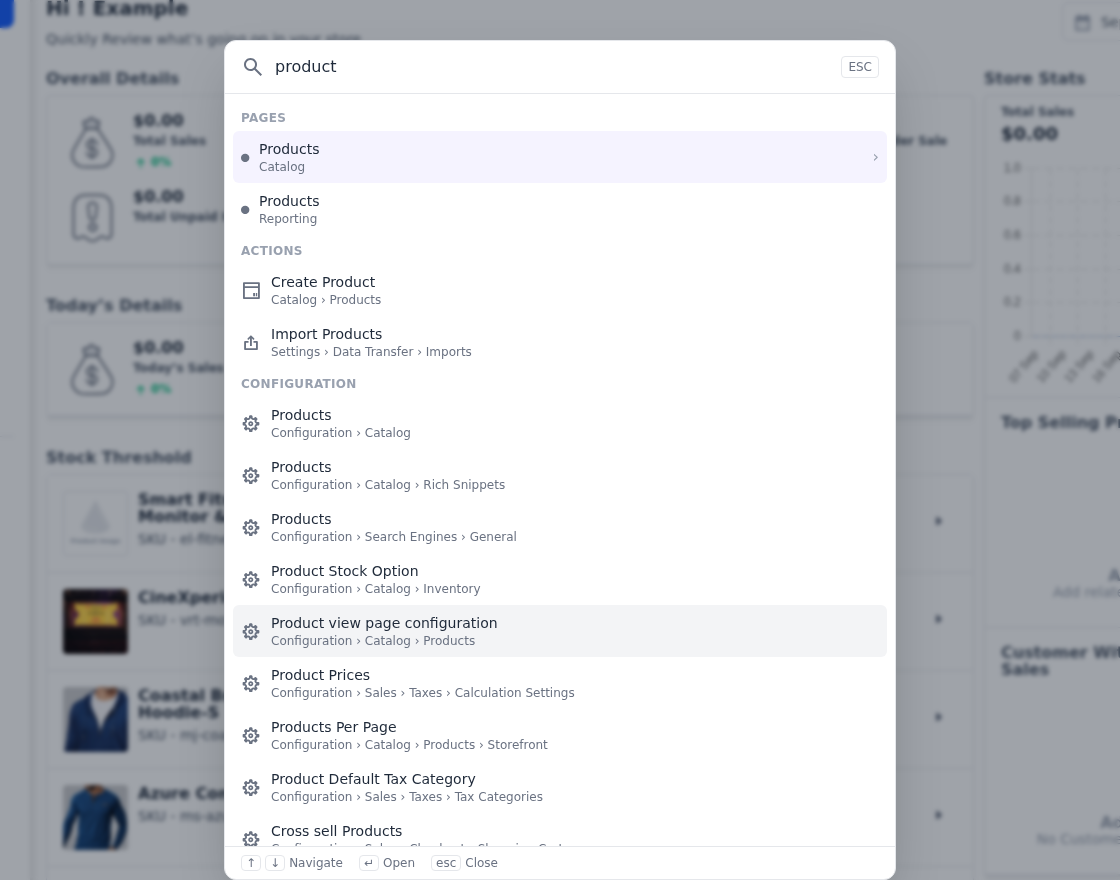 Bagisto v2.5.0 admin command palette opened with Ctrl+K
