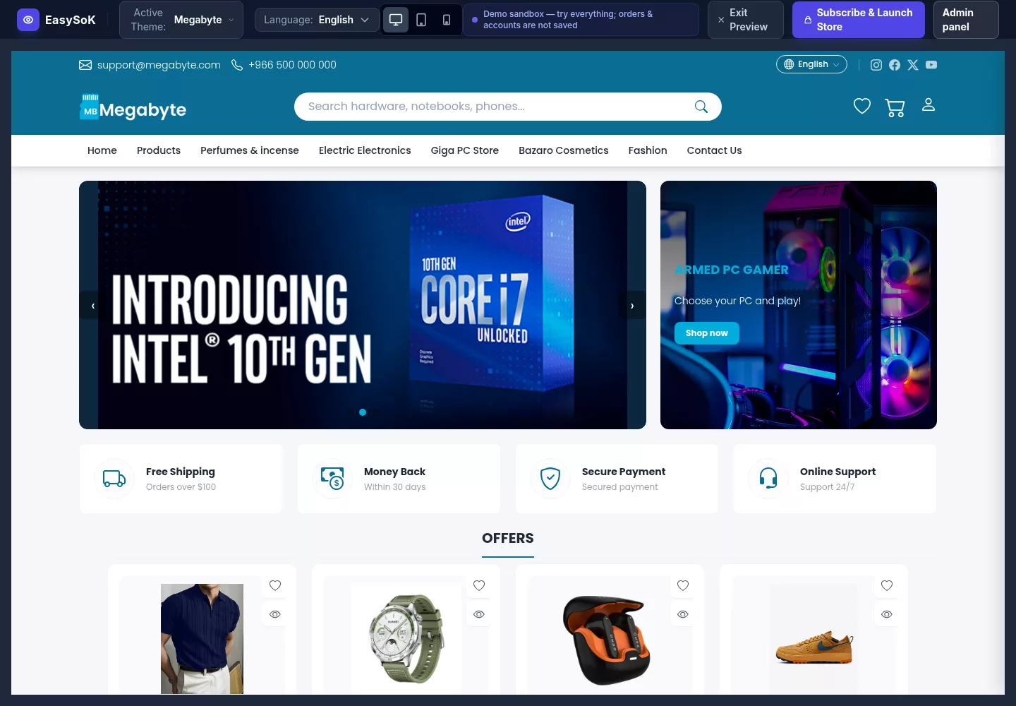 Megabyte electronics storefront theme previewed on the EasySok Bagisto platform