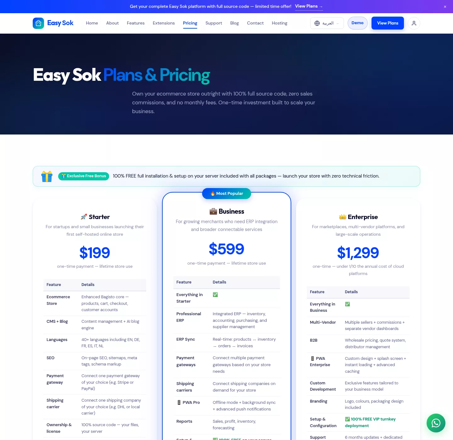 EasySok Starter, Business and Enterprise one-time license plans built on Bagisto