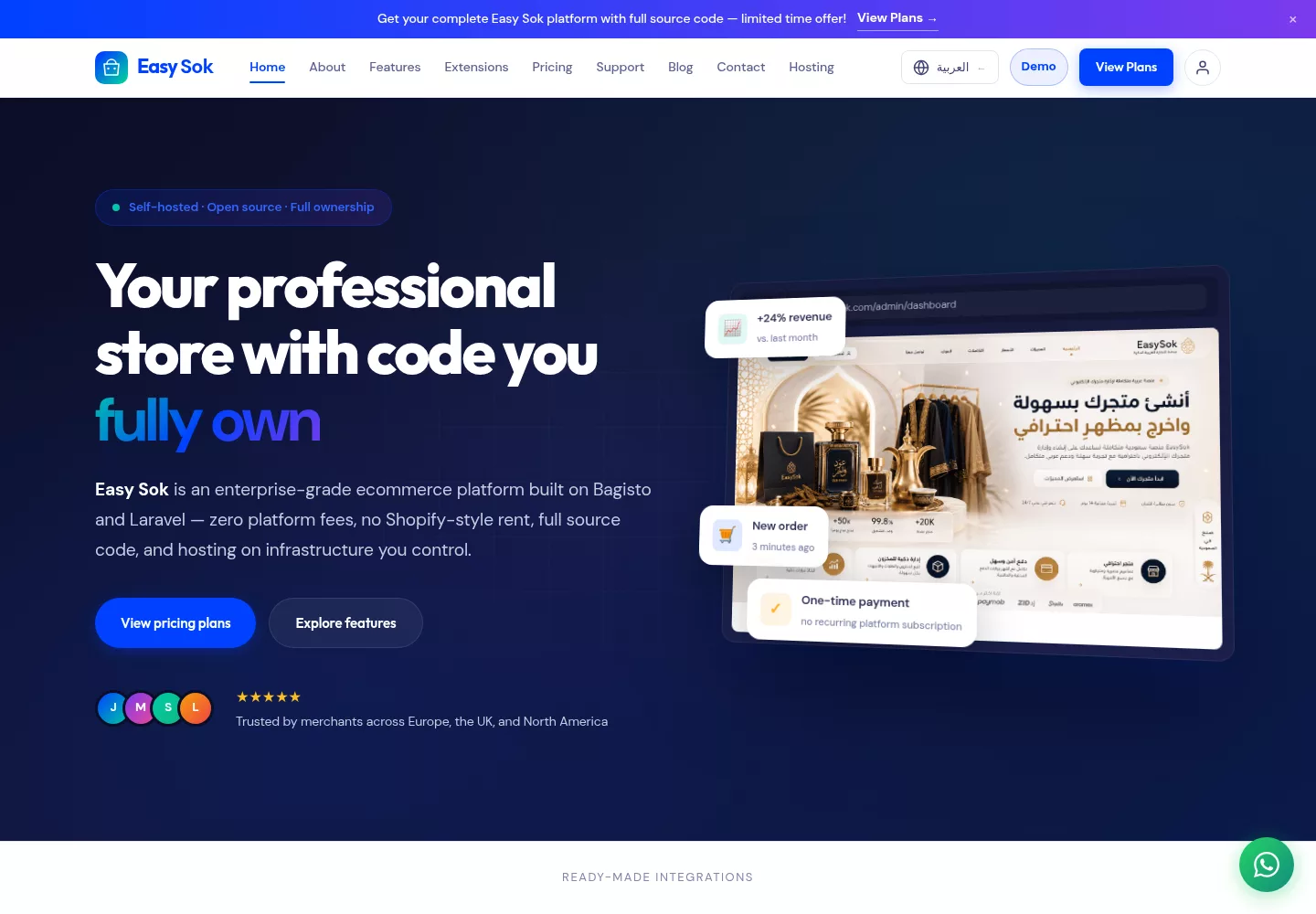 EasySok homepage describing its self-hosted Bagisto storefront