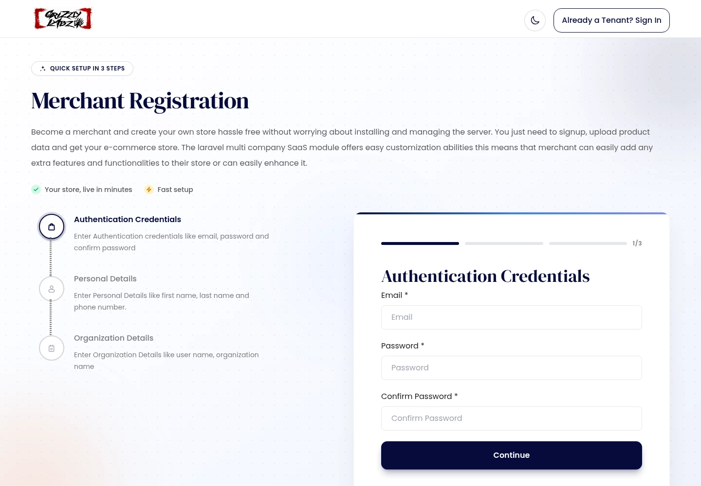 Grizzly Portal desktop merchant registration page with a blank sign-up form