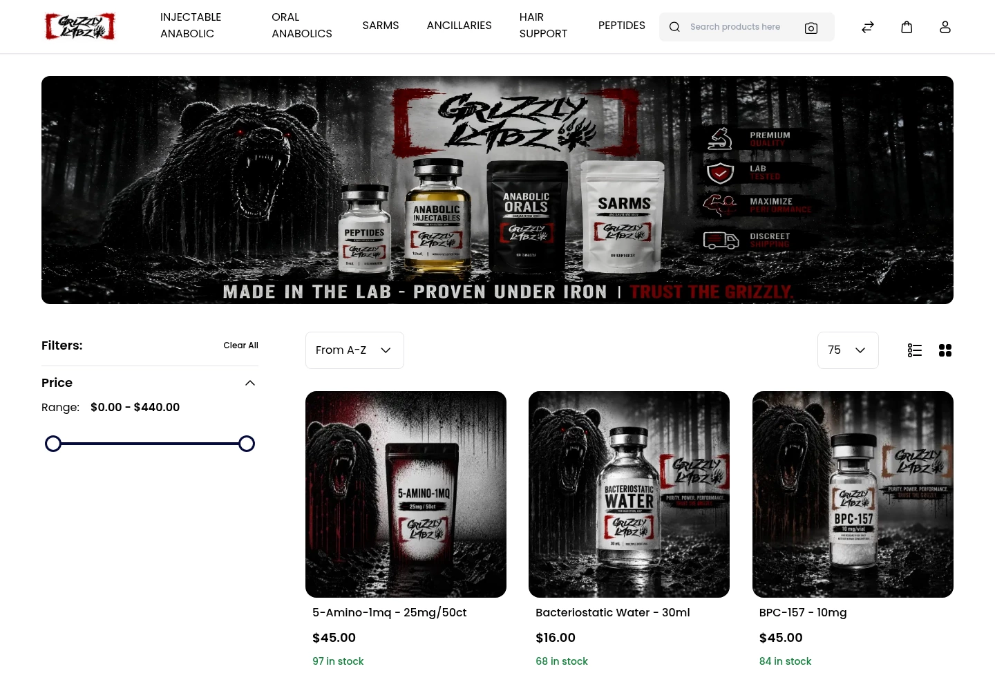 Grizzly Portal tenant store peptide category with product cards and a price filter
