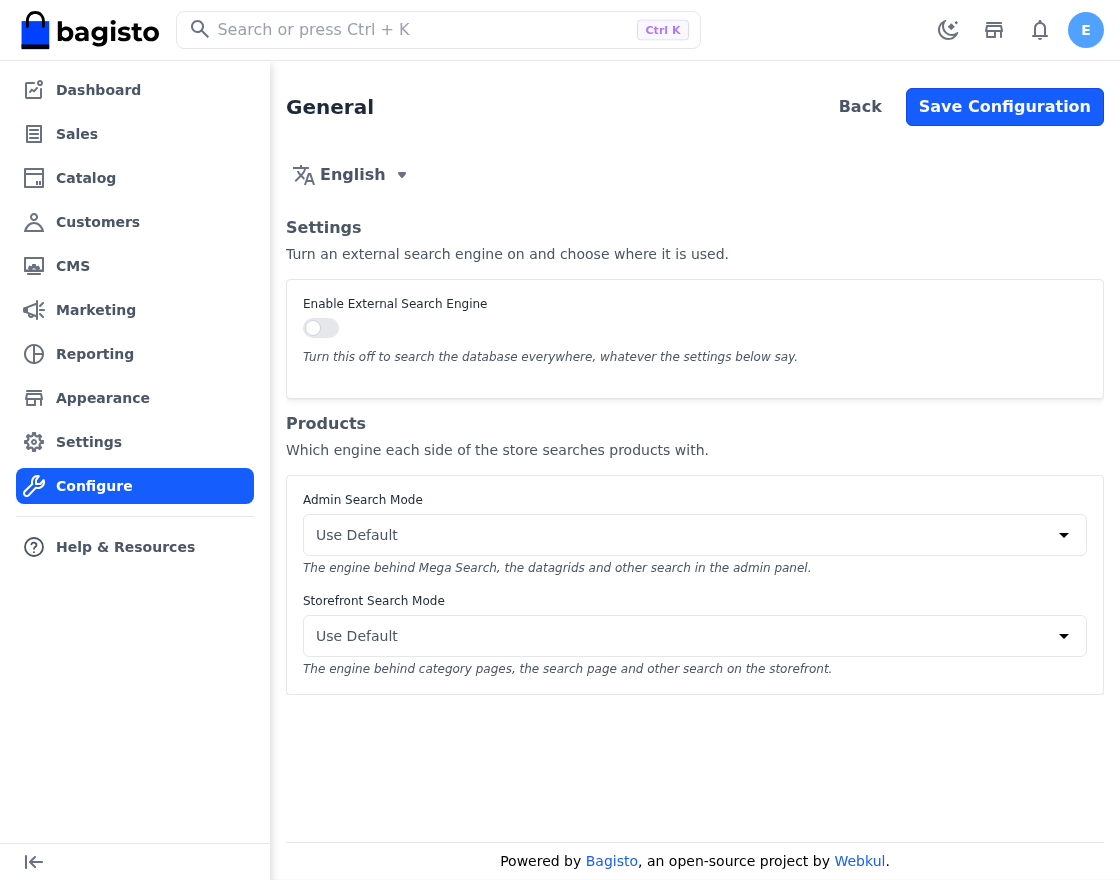 Bagisto v2.5.0 Search Engines configuration section